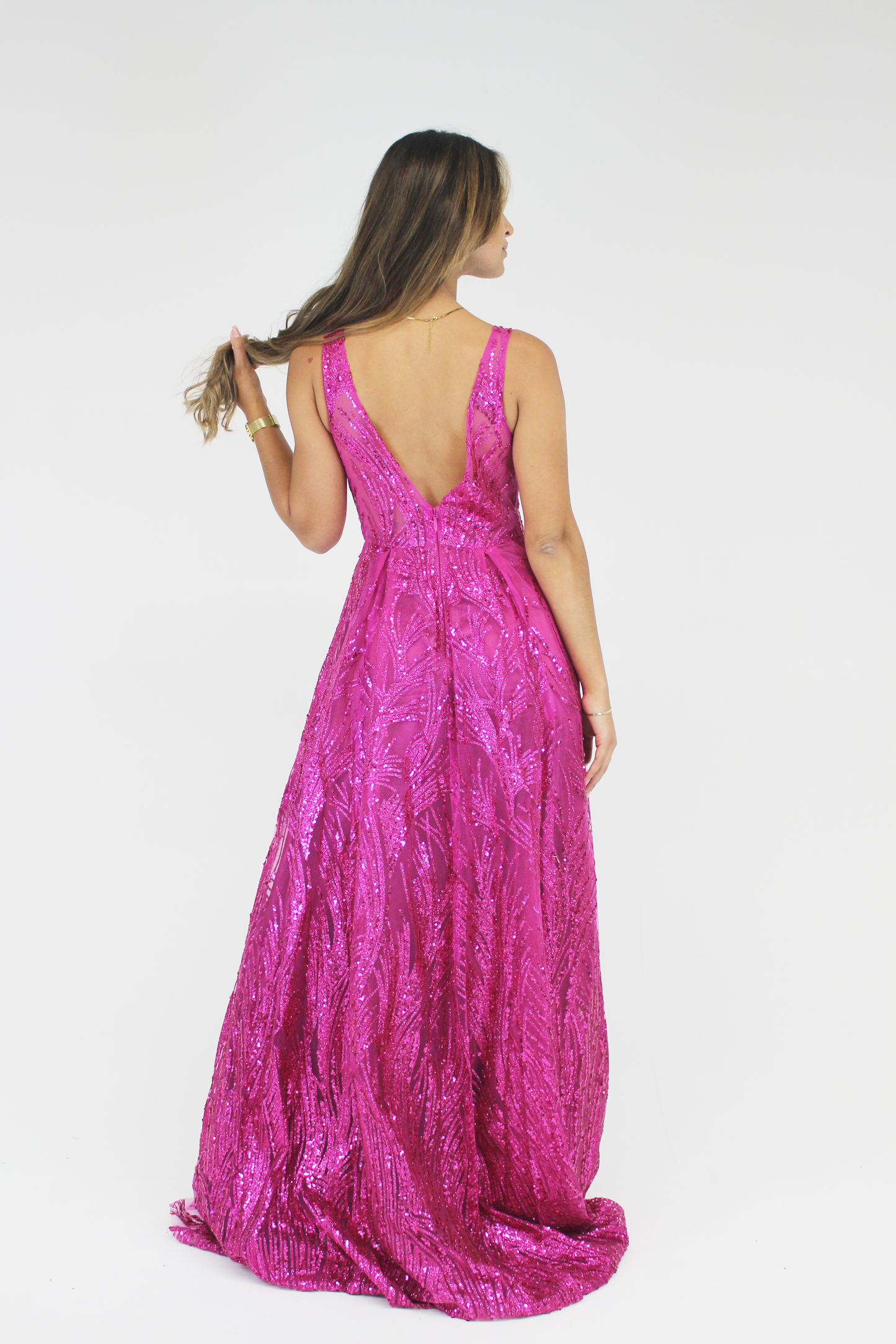 Vestido longo decote em V tule e lantejoulas - Rosa
