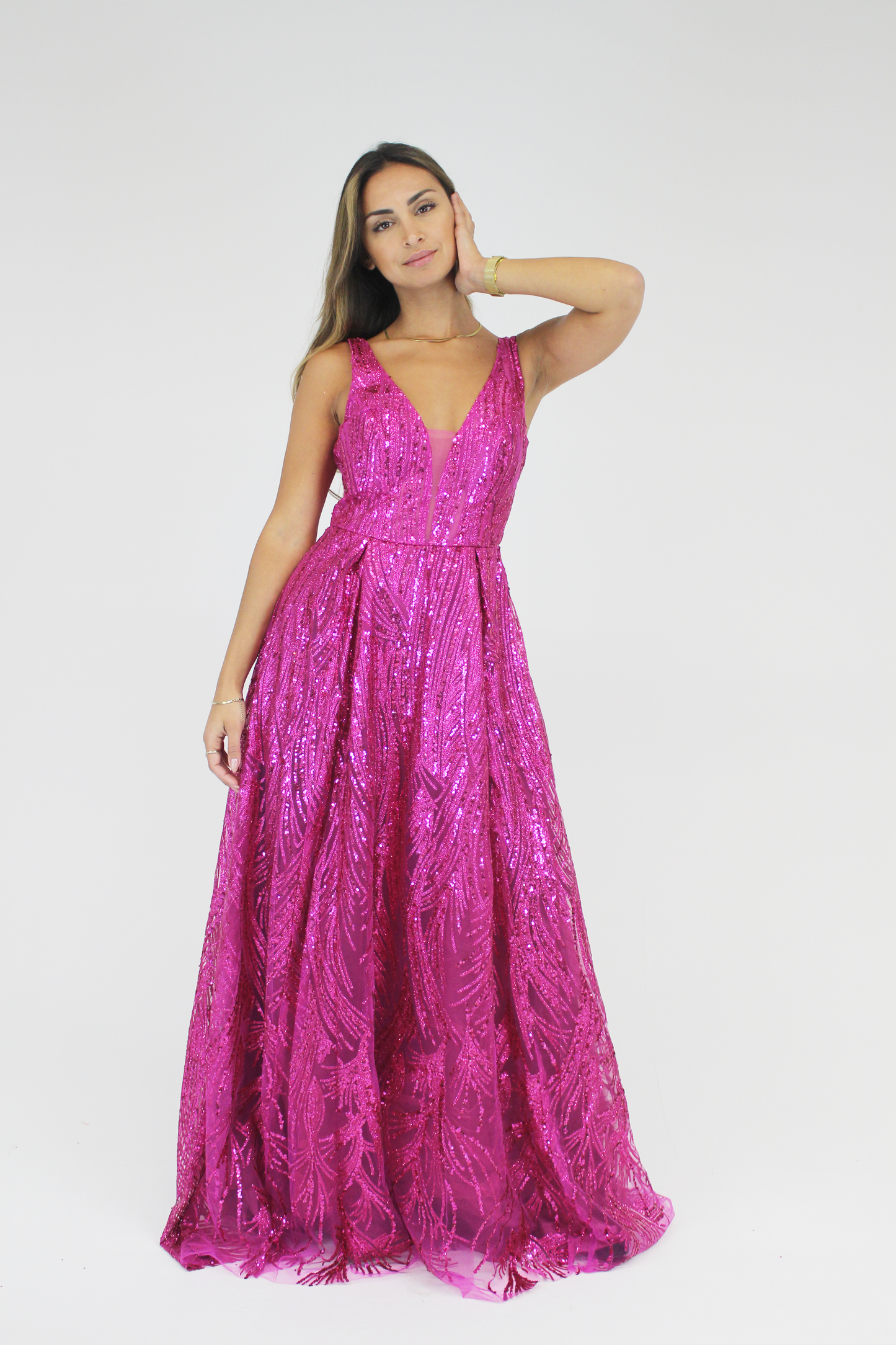 Vestido longo decote em V tule e lantejoulas - Rosa