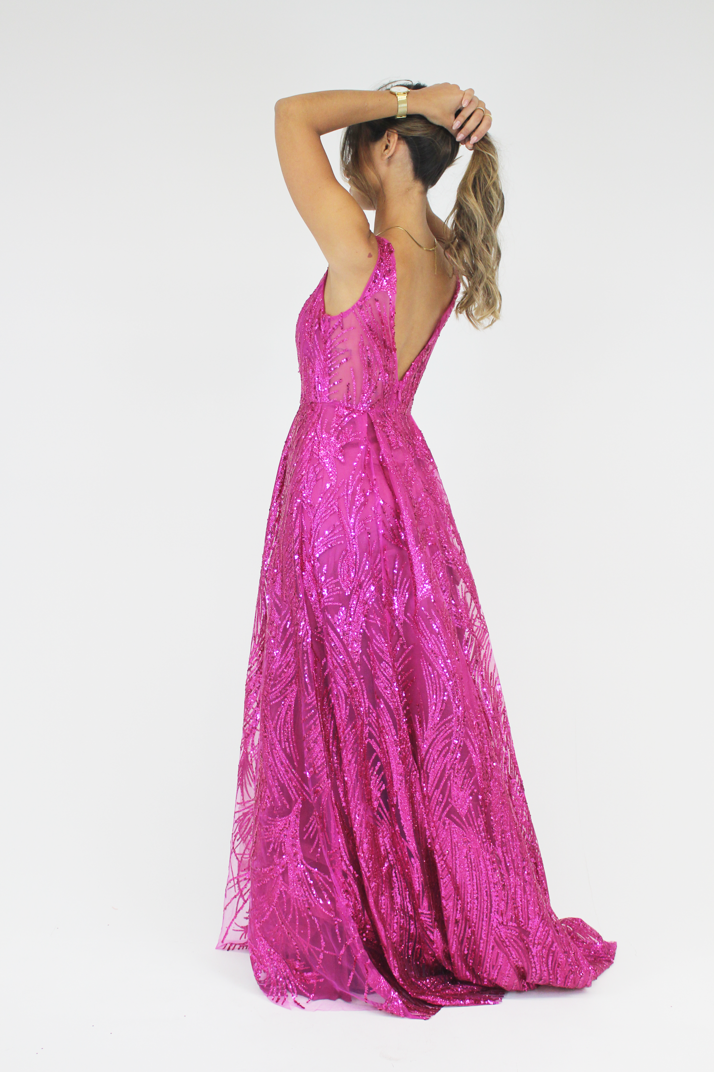 Vestido longo decote em V tule e lantejoulas - Rosa