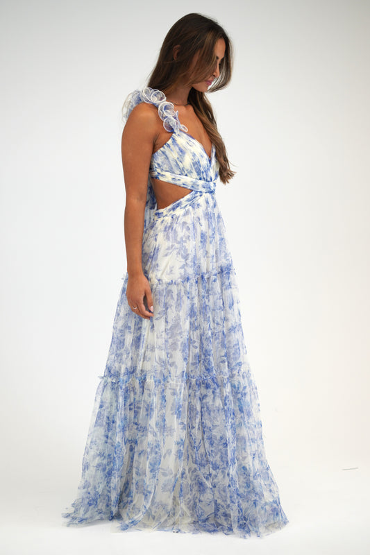 Vestido tule longo c/ alças e laço atrás