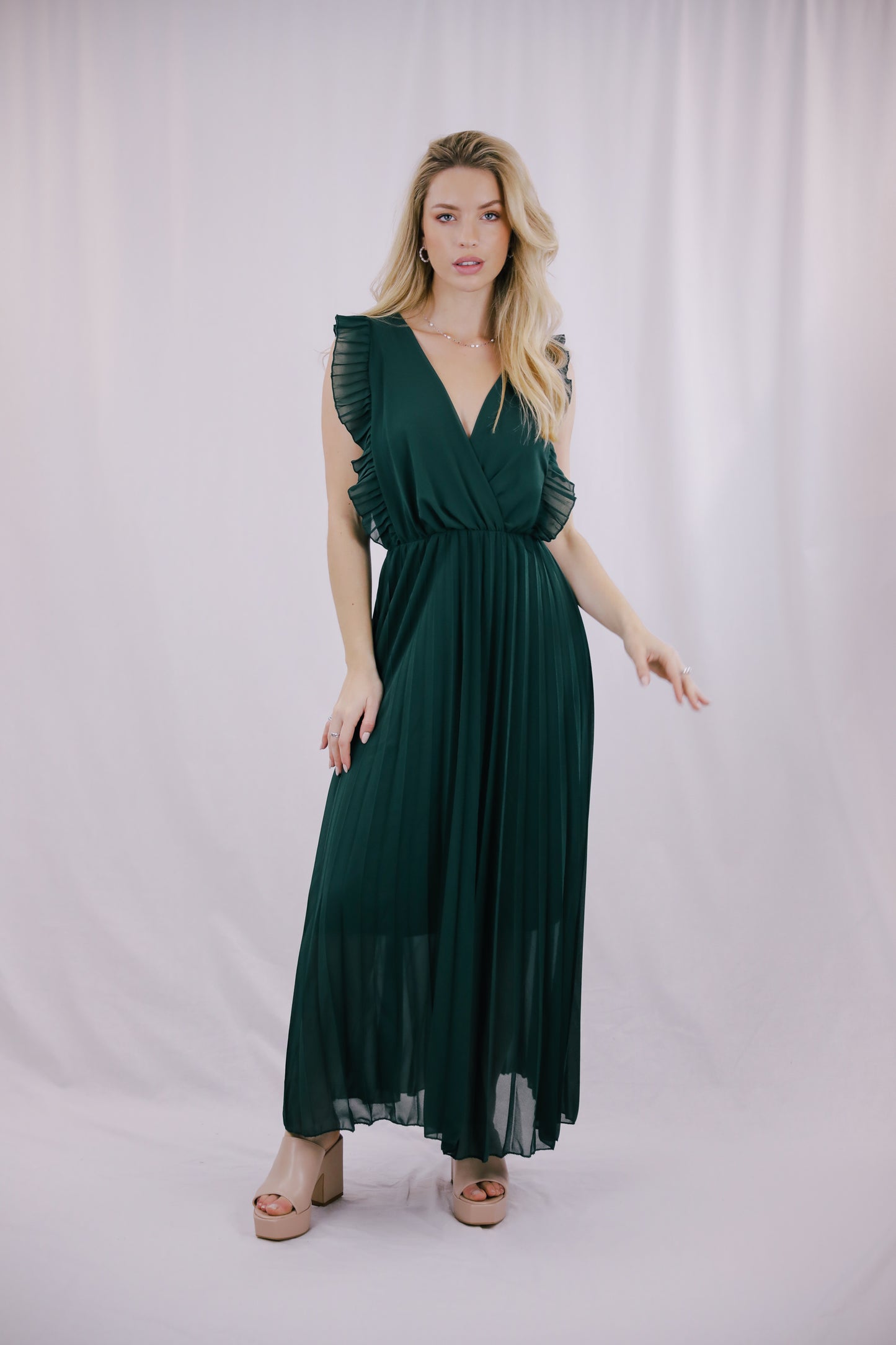 Vestido Plissado Verde Garrafa