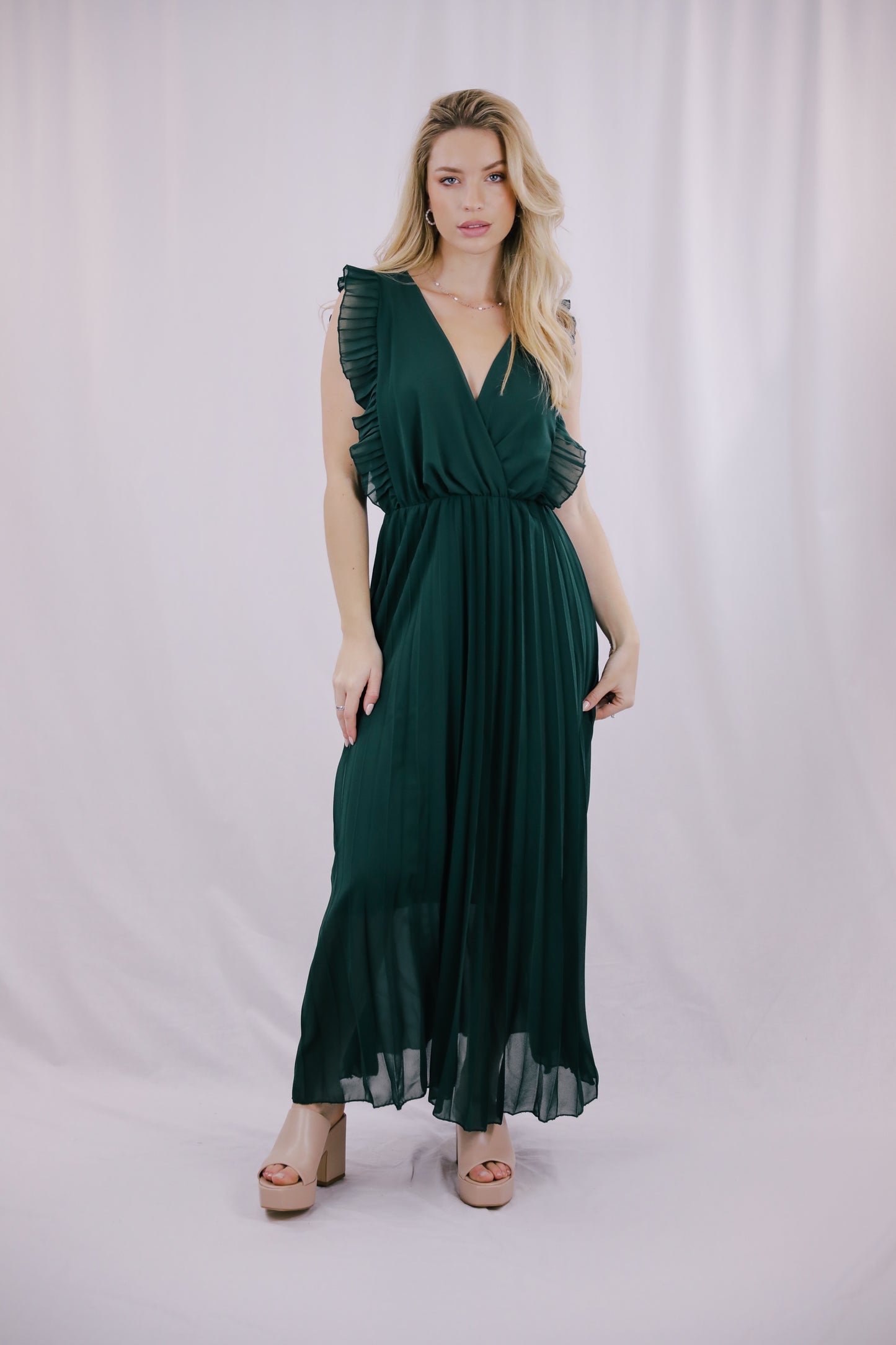 Vestido Plissado Verde Garrafa