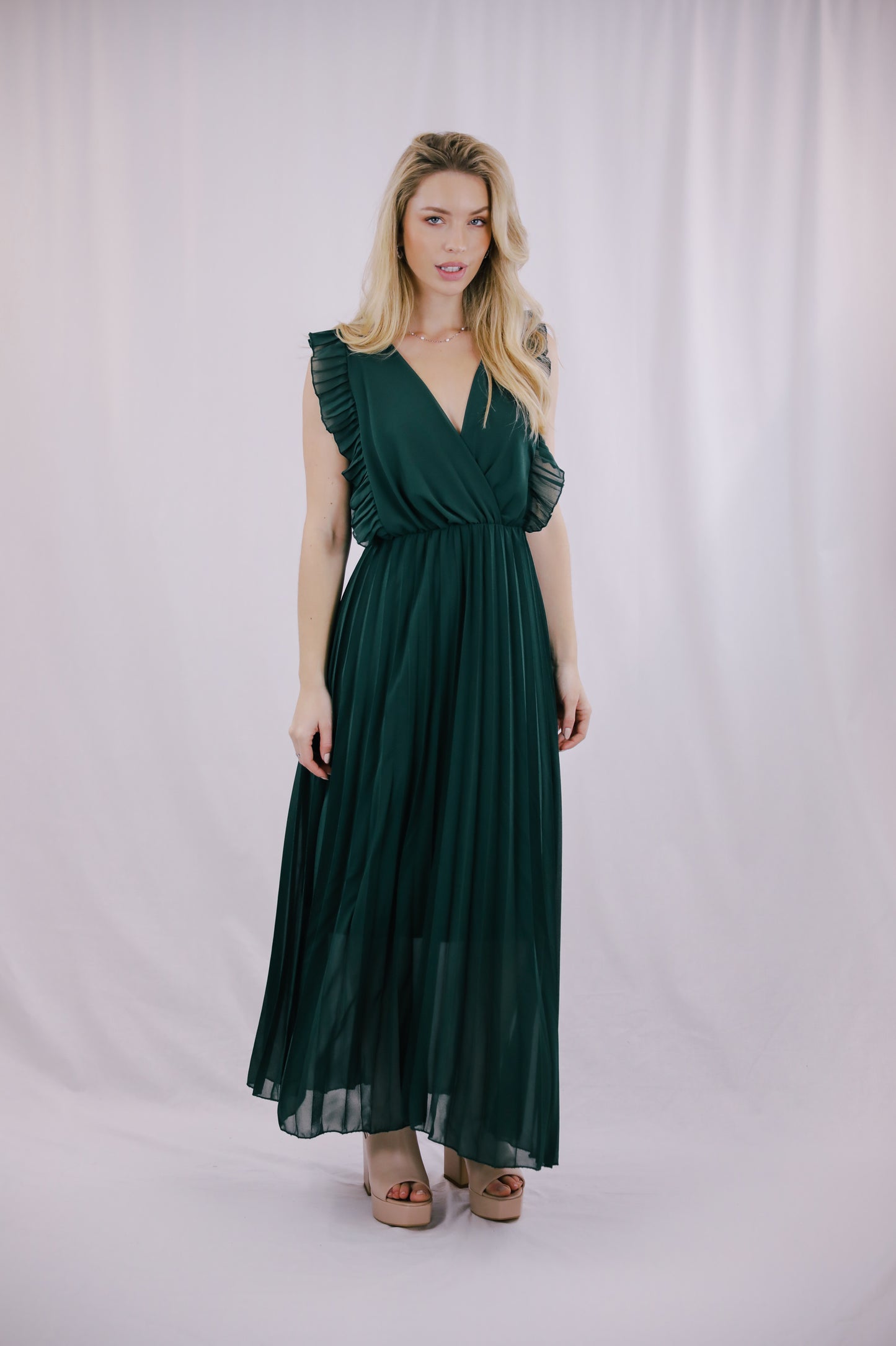 Vestido Plissado Verde Garrafa