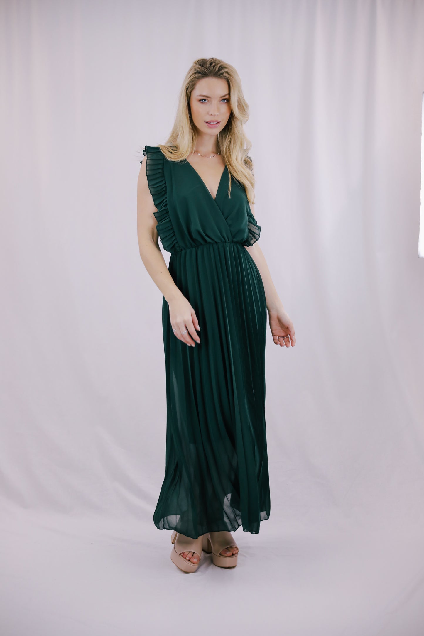 Vestido Plissado Verde Garrafa