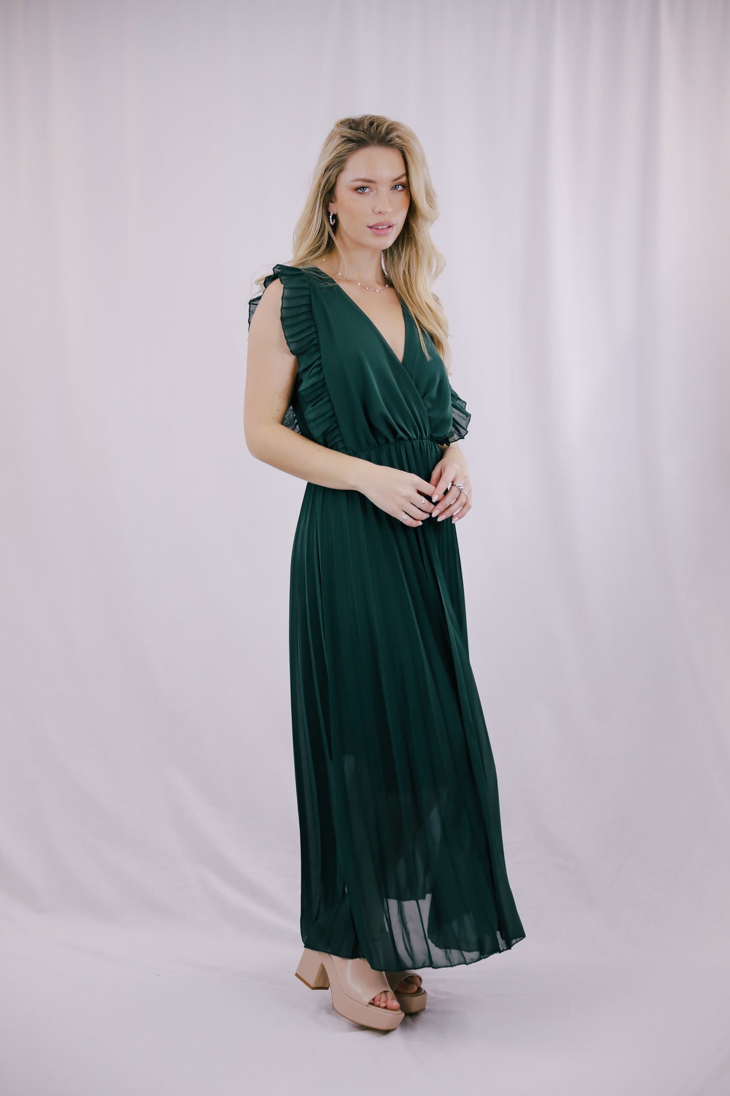 Vestido Plissado Verde Garrafa