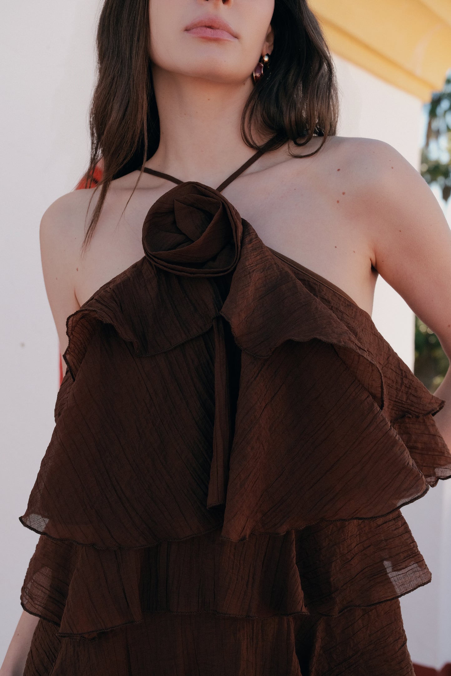 Vestido longo com folhos