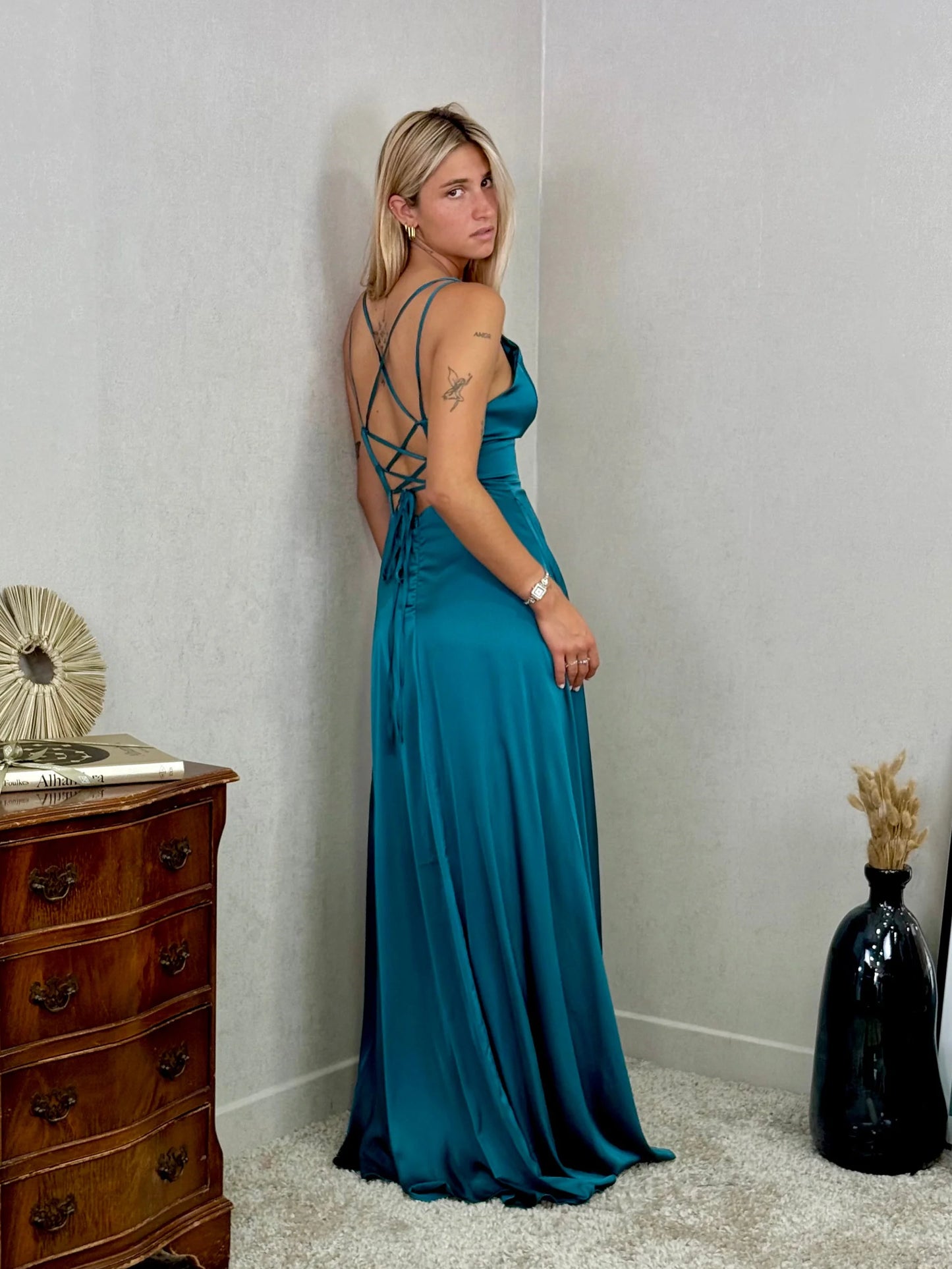 Vestido decote cruzado costas Azul petróleo