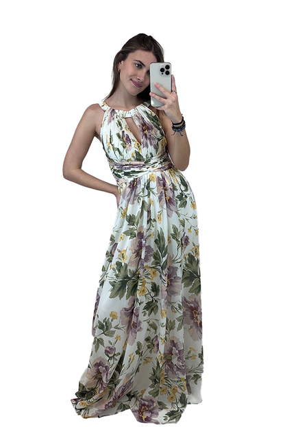 Vestido decote halter c/ elástico nas costas e padrão floral  Branco