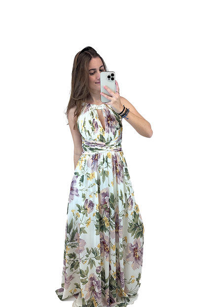 Vestido decote halter c/ elástico nas costas e padrão floral  Branco