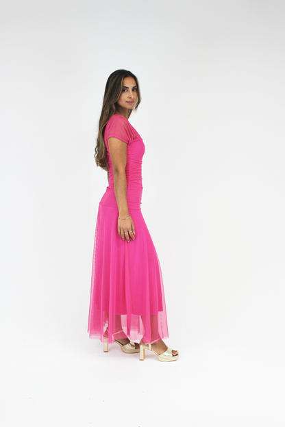 Vestido tule rosa midi