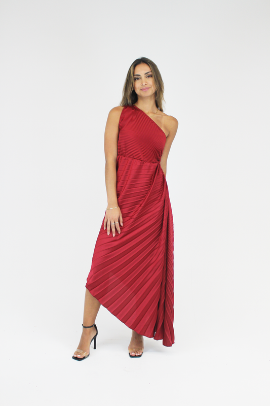Vestido Plissado Assimétrico Midi c/ cut out