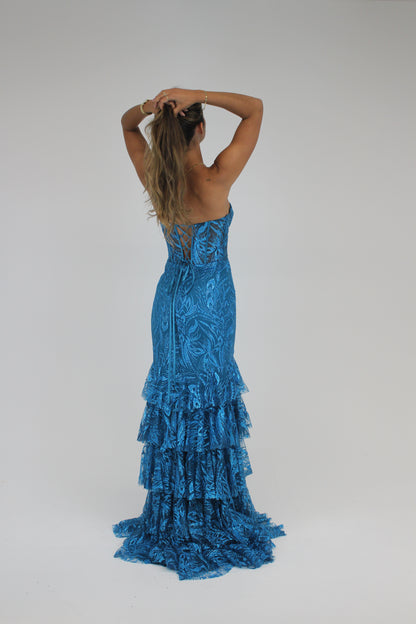 Vestido longo lantejoulas c/painés azul