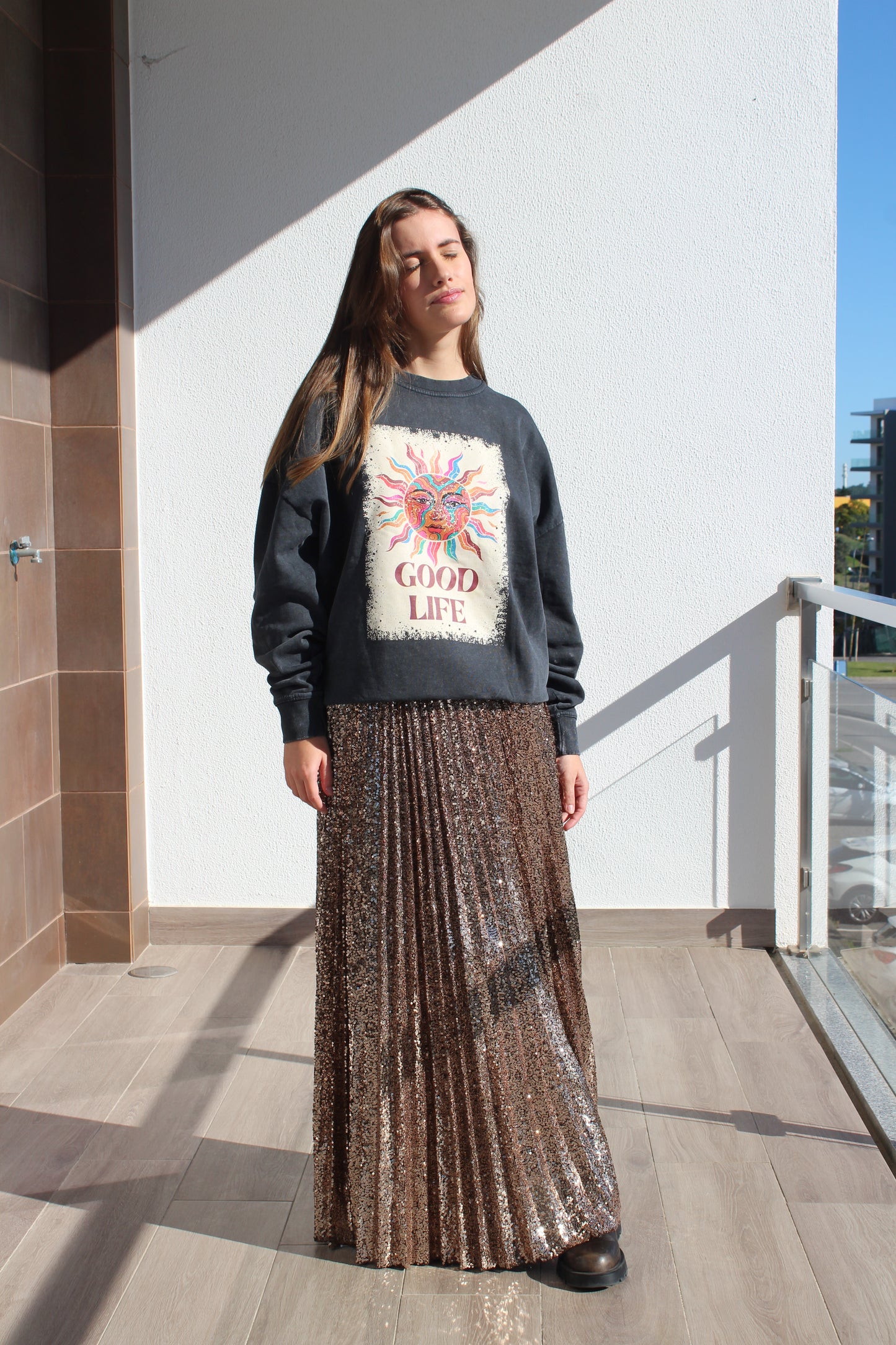 Saia com lantejoulas Chocolate