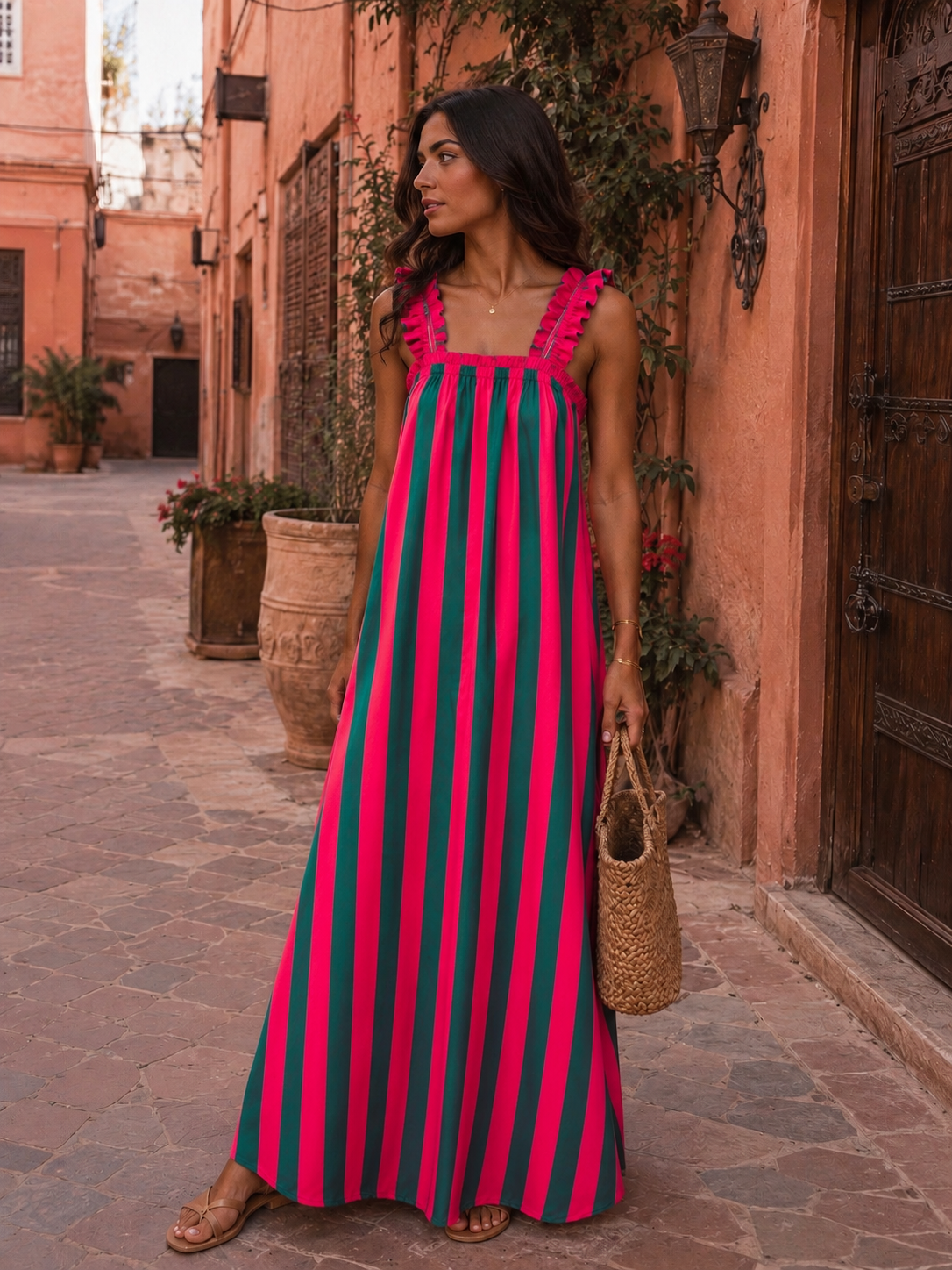 Vestido Riscas verde e rosa
